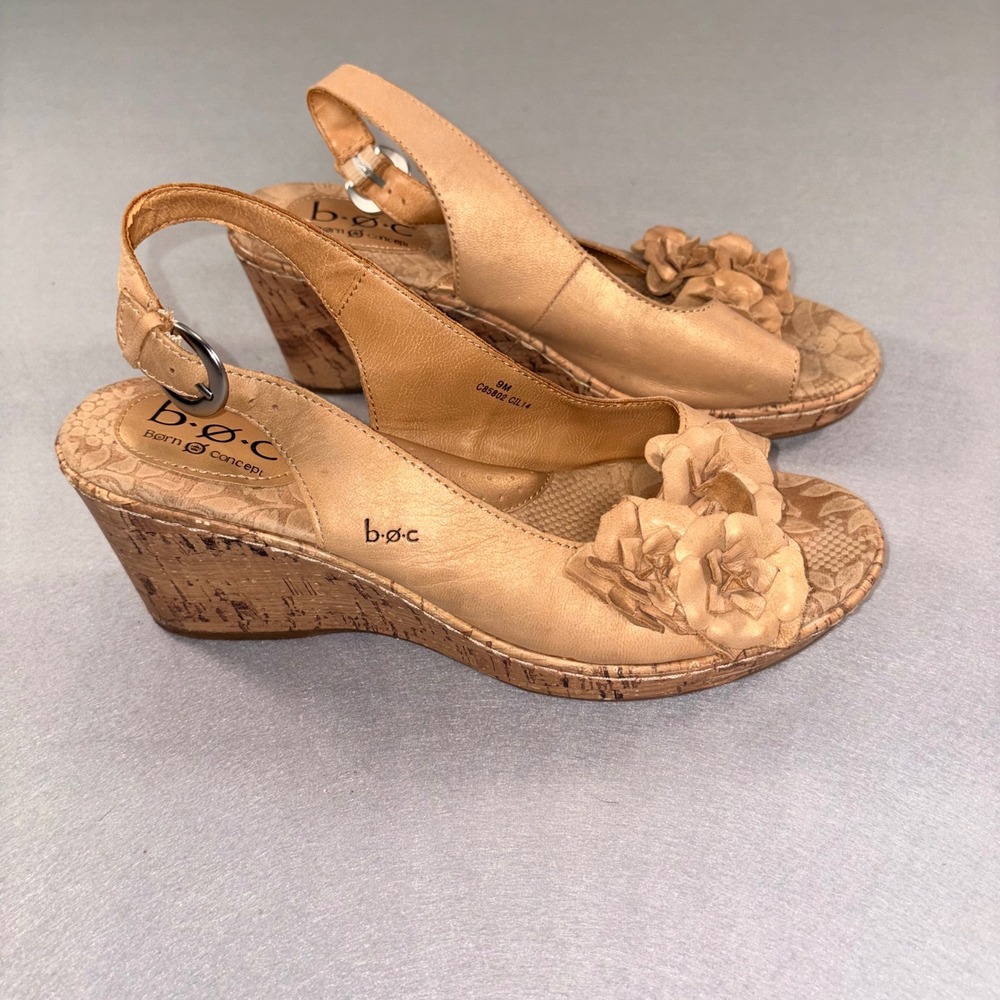 b.o.c. Born Concept Women Tan Leather Floral Slingback Cork Wedge Sandals 9M